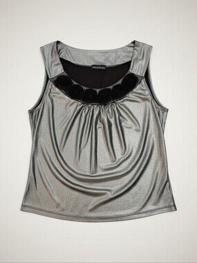 Meredith Matthews Silver Bloom Black Mesh Blooming Rosettes Top — Size LP